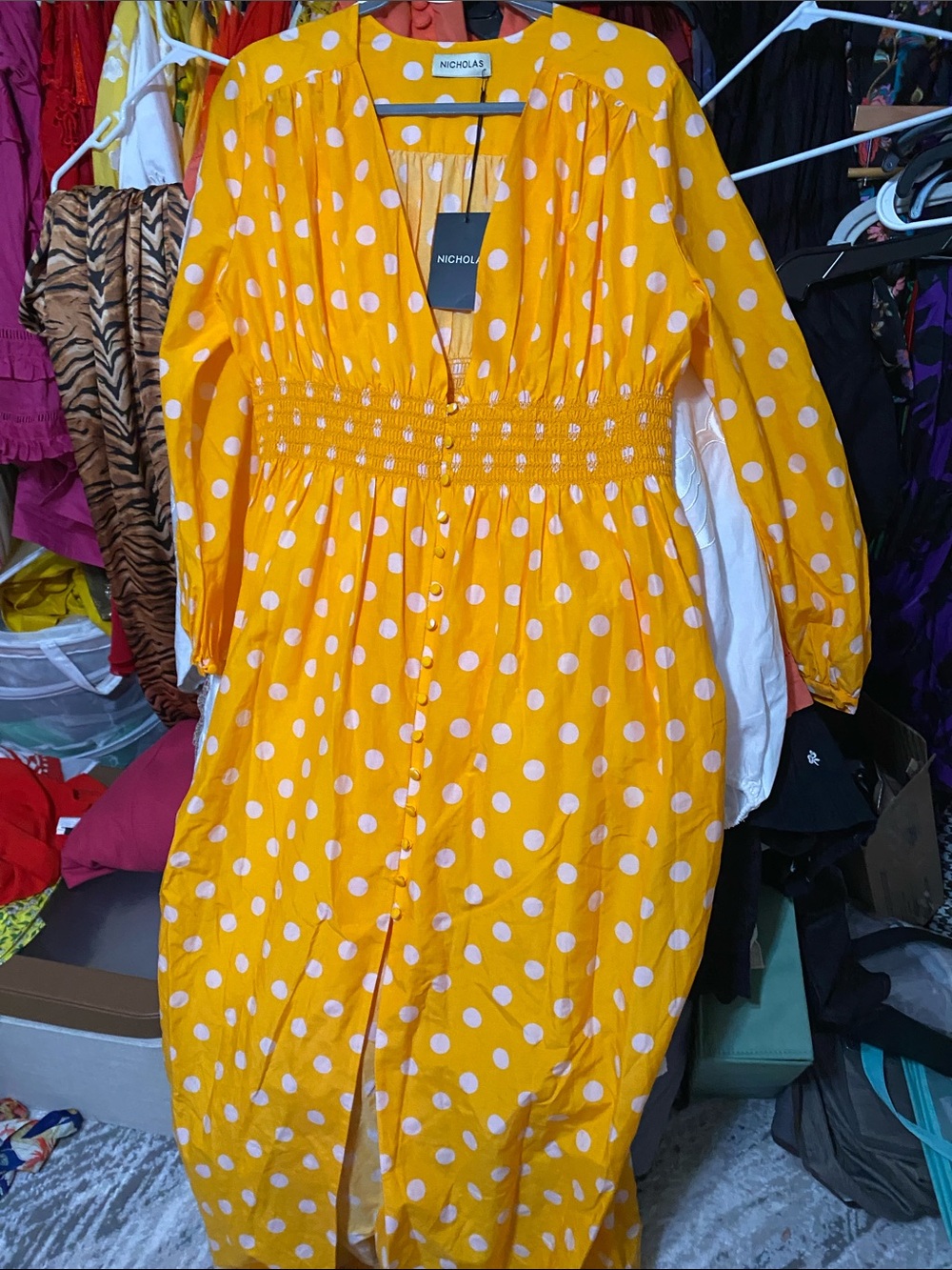 NICHOLAS Yellow Polka Dot Midi Dress with Smocked Waist